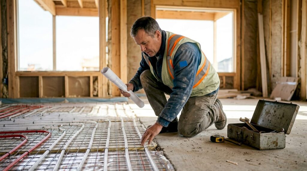 Builder inspecting radiant floor heating pipes layout