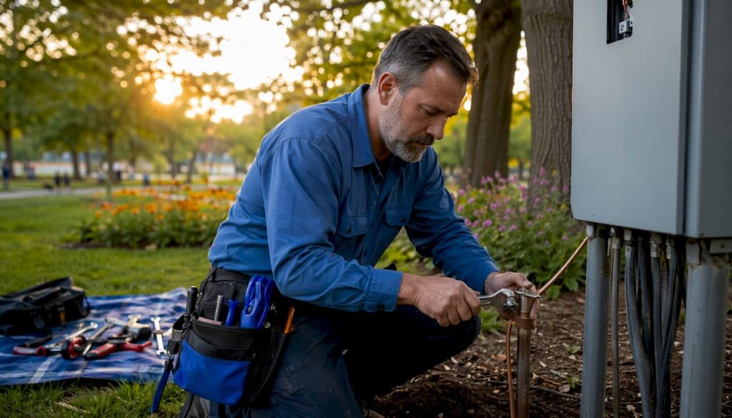 Electrician connecting grounding conductor outdoors