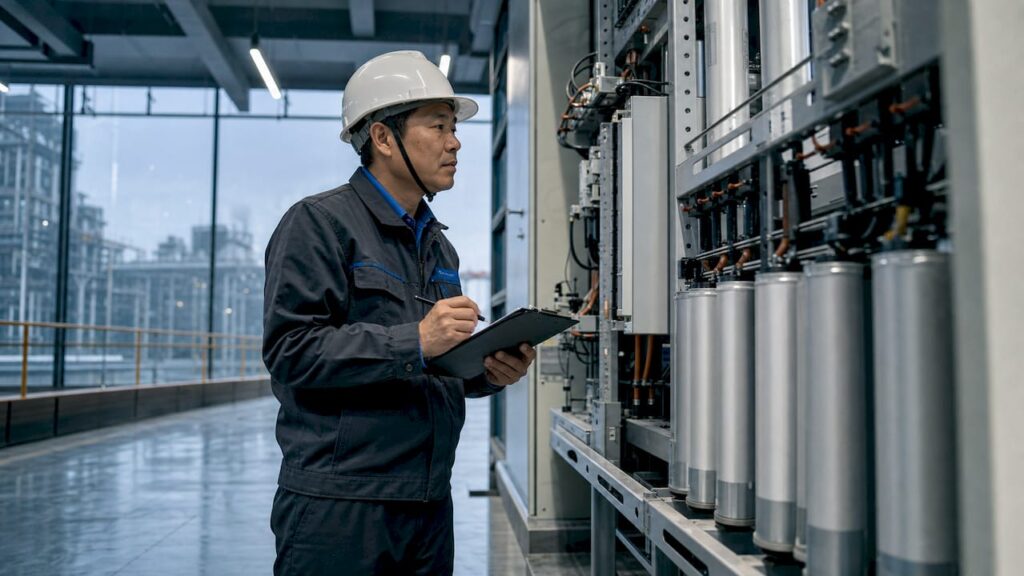 Engineer inspecting capacitor bank in industrial room