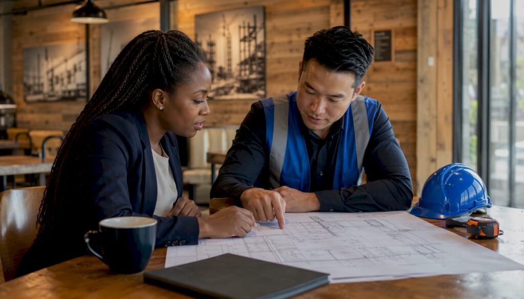 Construction team reviewing as-built drawings