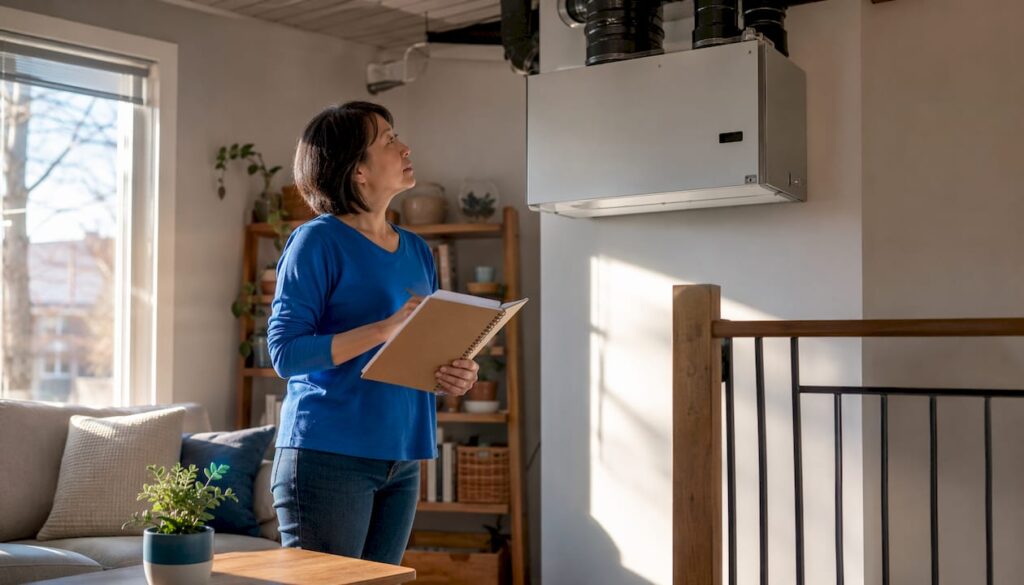 Ontario homeowner inspecting HRV ventilation unit
