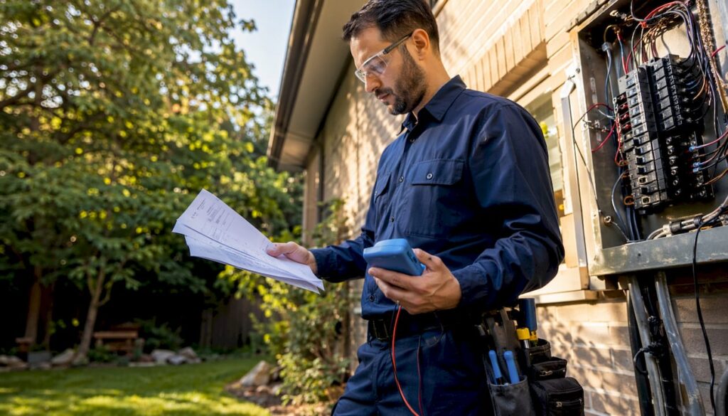 Electrician reviewing home electrical upgrade permit
