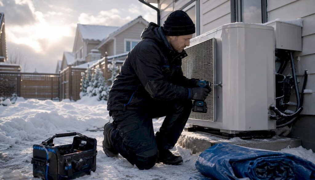 Technician installing cold-climate heat pump outdoors in Alberta winter