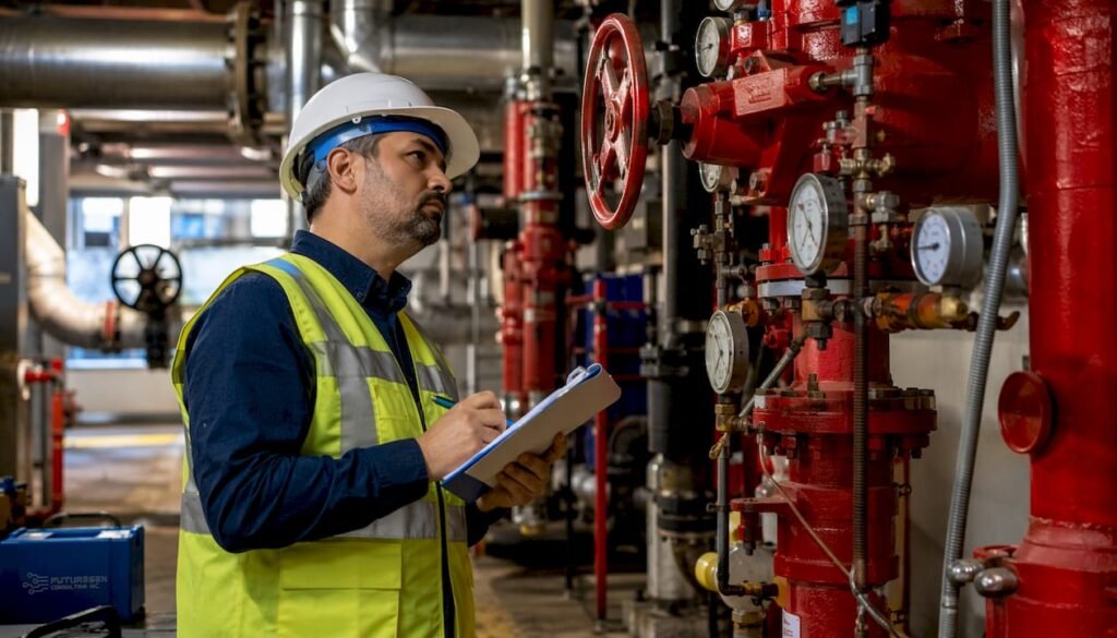 Engineer inspecting dry sprinkler valve