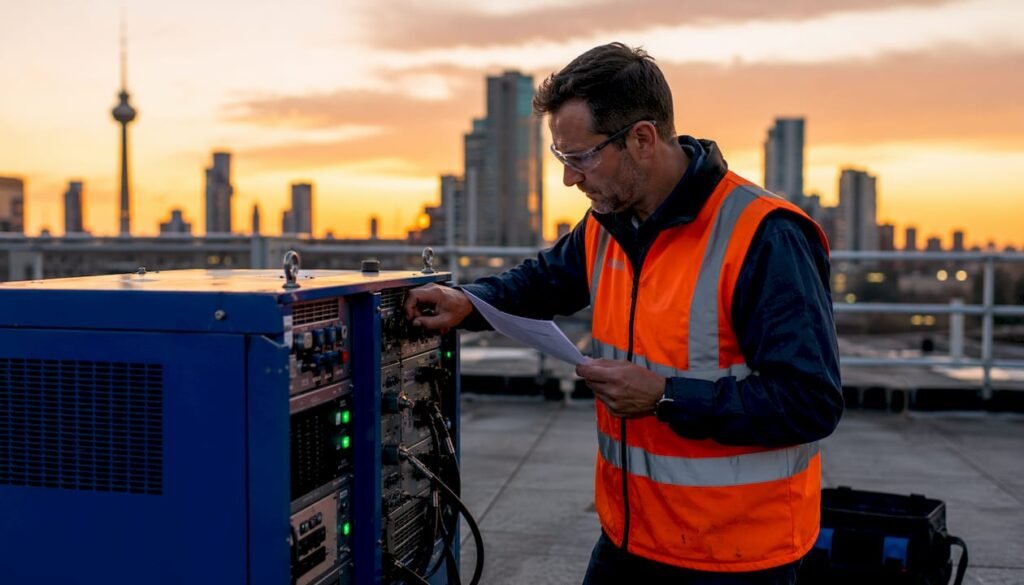Engineer operating generator load bank equipment outdoors