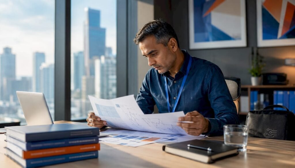 Engineer reviewing automation protocols at control desk