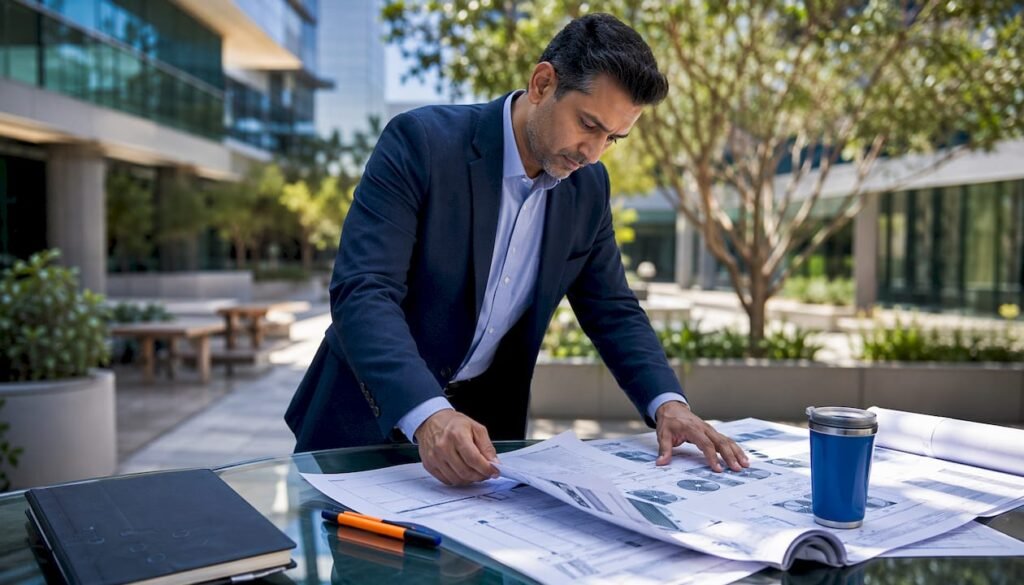 MEP engineer reviewing commercial heat pump plans