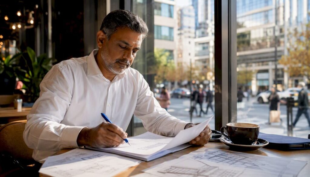 Man reviewing construction change order documents at office desk