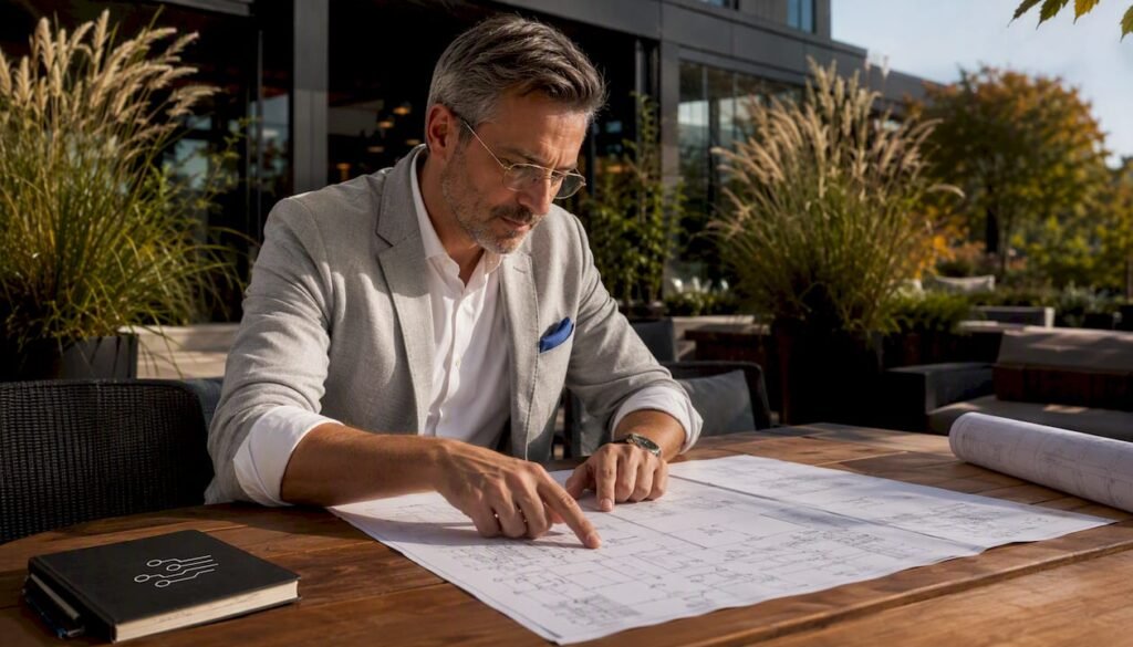Electrical engineer reviewing technical blueprints