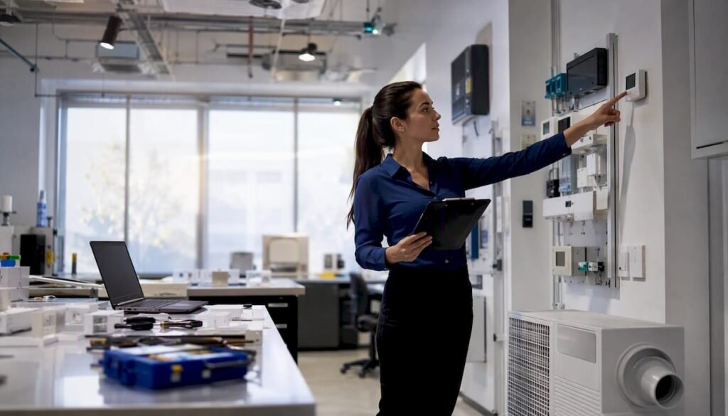 HVAC engineer inspecting ventilation control panel