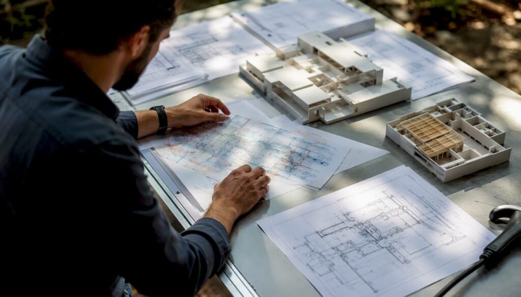 Hands adjusting building models and overlays