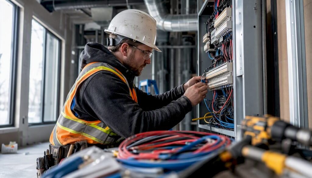 Engineer wiring switchgear panel close-up