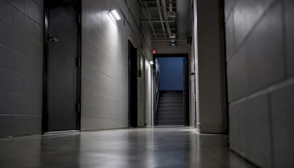 Emergency lighting illuminating a commercial corridor floor