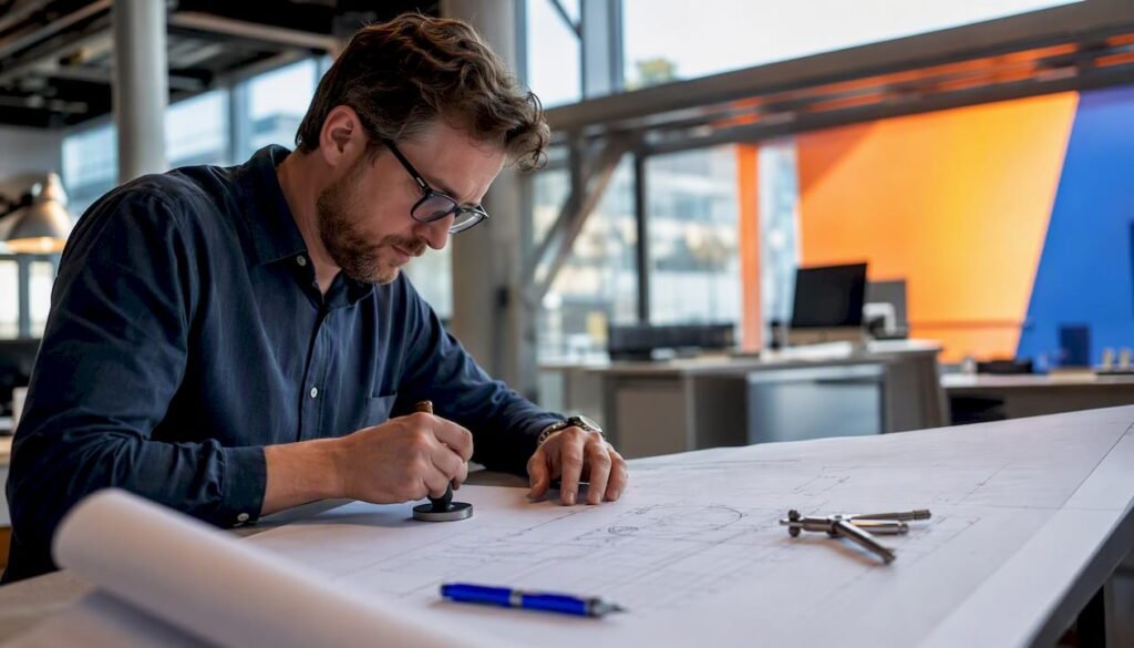 Engineer applying embossed seal on blueprint