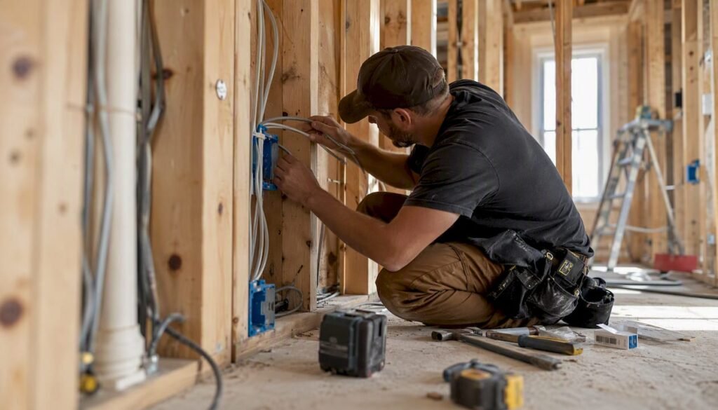 Electrician wiring cables in framed house