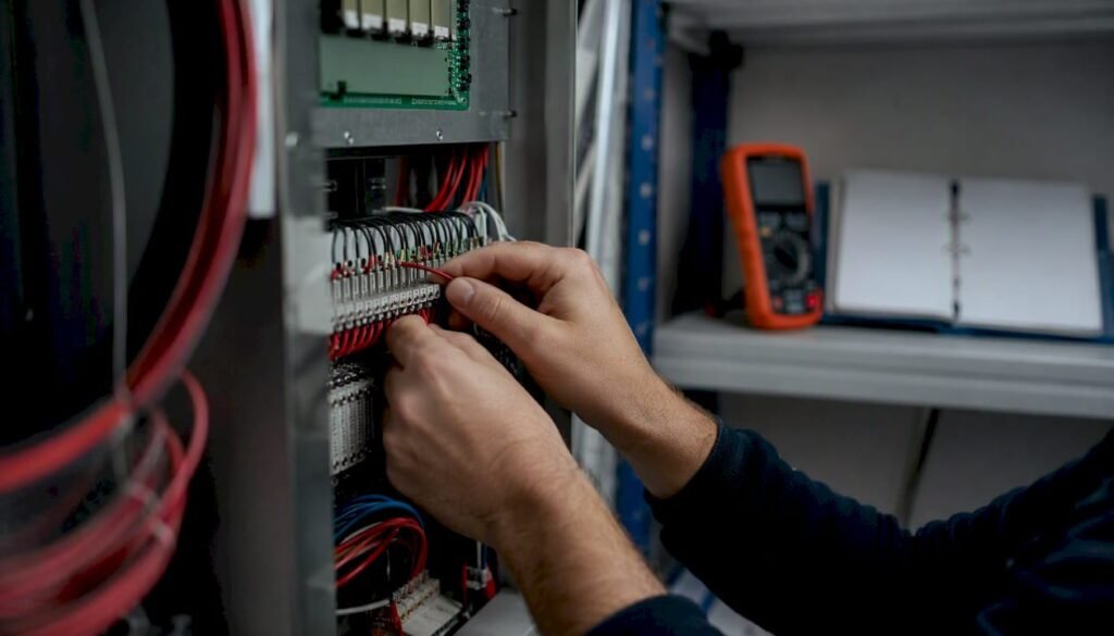 Hands wiring fire alarm zone cables