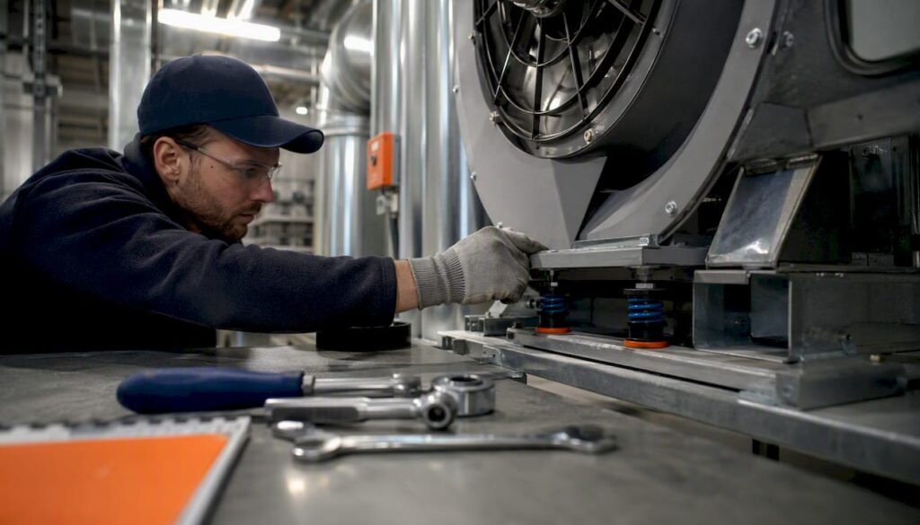Technician adjusting vibration isolator on HVAC fan