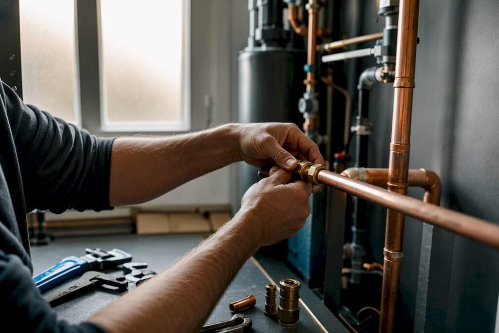 Hands fitting copper water pipe in mechanical room