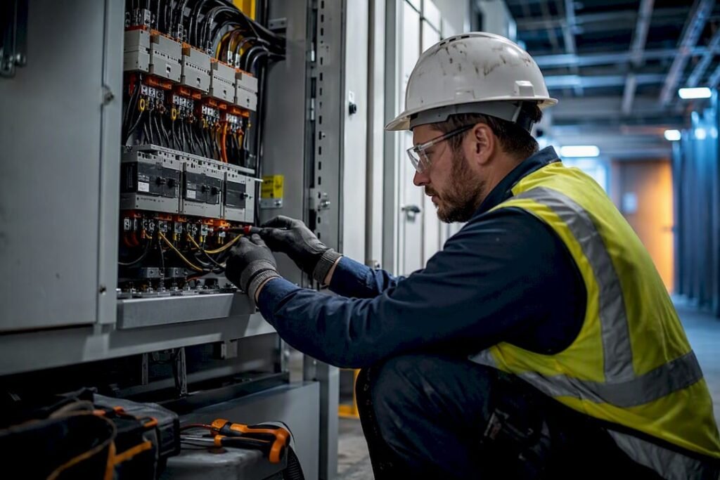 Electrician inspecting switchgear panel