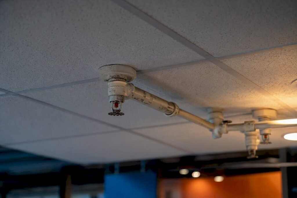 Fire sprinkler heads on commercial ceiling