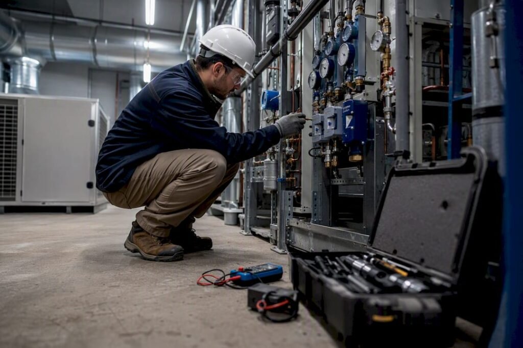 Technician inspecting HVAC controls in mechanical room