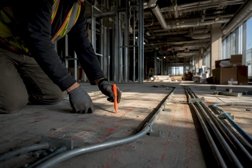 Engineer marking conduit routes on site