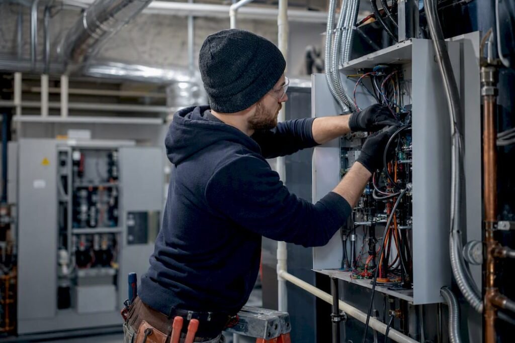 Electric heat pump retrofit installation hands