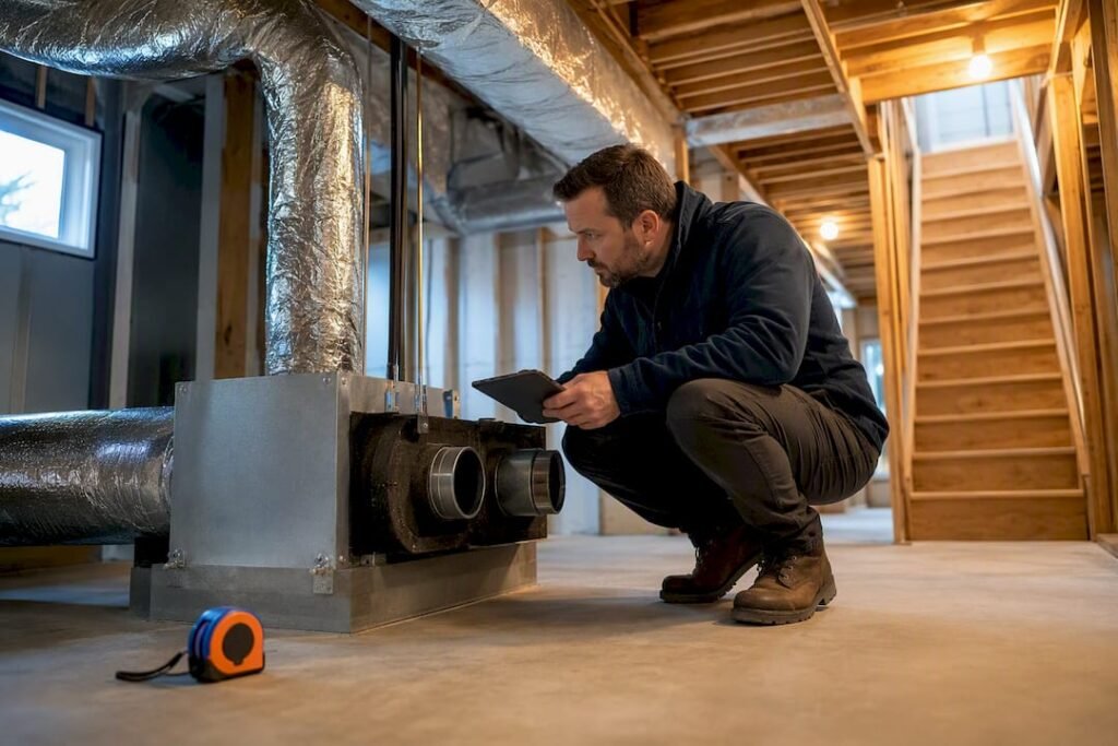 Engineer inspecting residential HVAC ductwork
