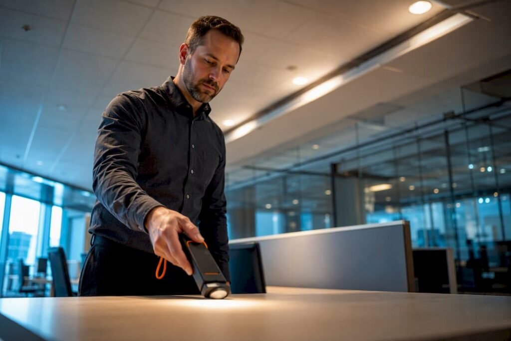 Facility manager measuring office illumination
