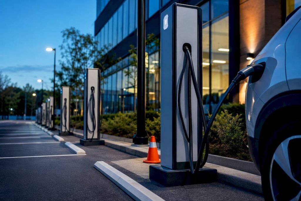 Workplace EV charging stalls at commercial building