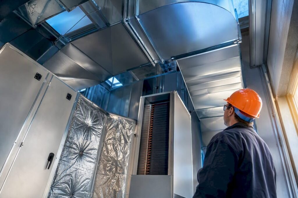 Commercial HVAC ductwork in a mechanical room