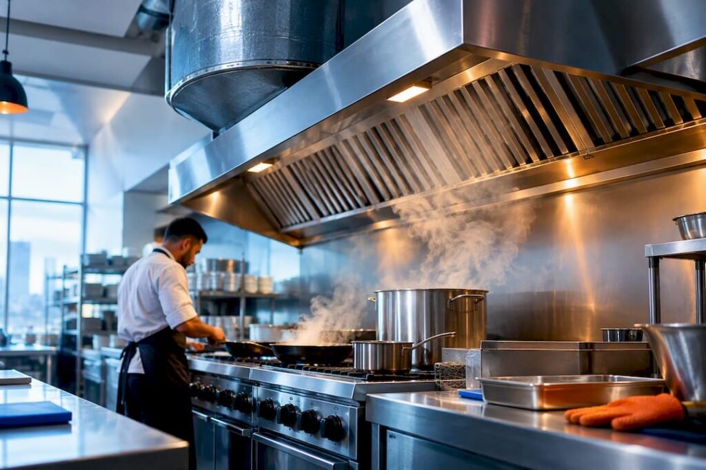 Commercial kitchen exhaust hood over cooking line