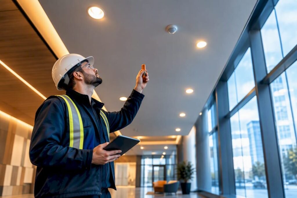 Electrician verifying commercial interior lighting