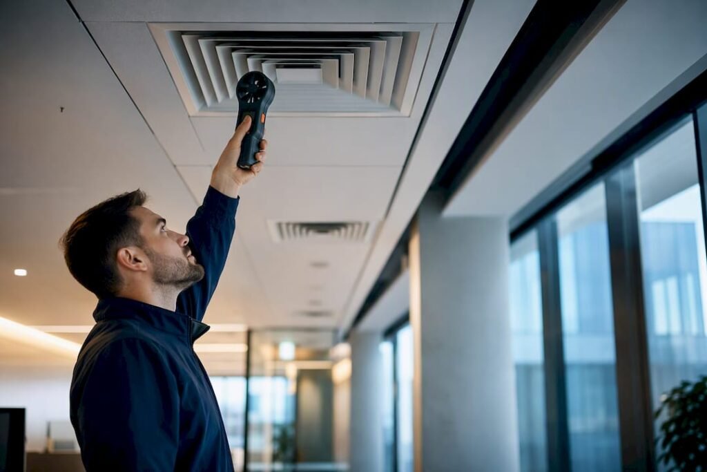 Technician verifying office diffuser airflow