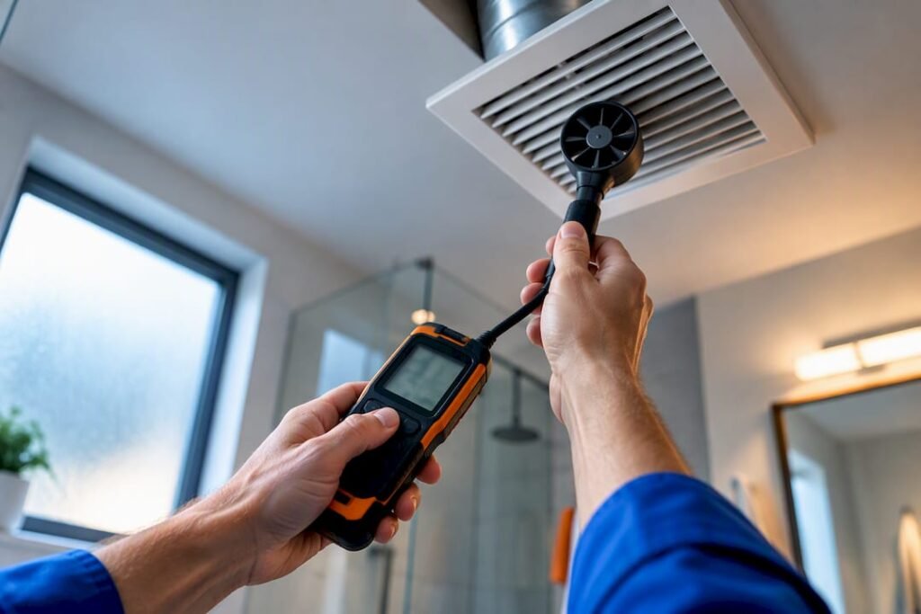 Technician measuring bathroom exhaust airflow