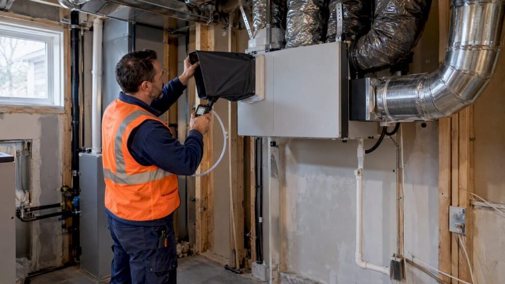 Technician commissioning HRV in renovation