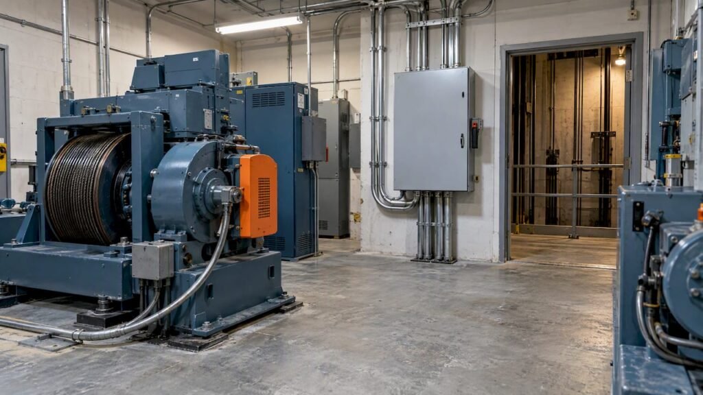 Elevator machine room with emergency power equipment