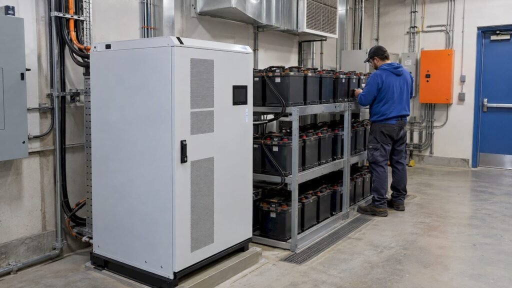 Lithium and lead-acid batteries in storage room