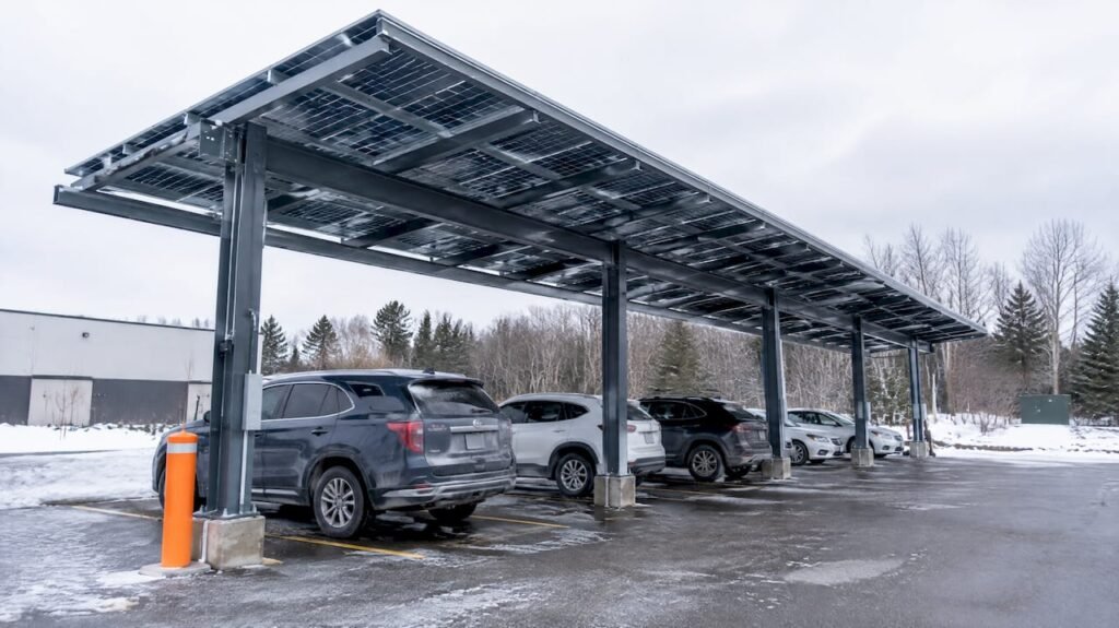 Solar carport over Canadian parking stalls