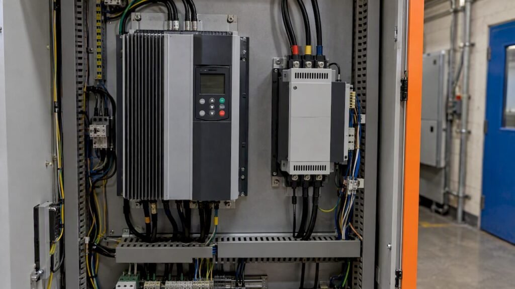 VFD and soft starter in a motor-control cabinet