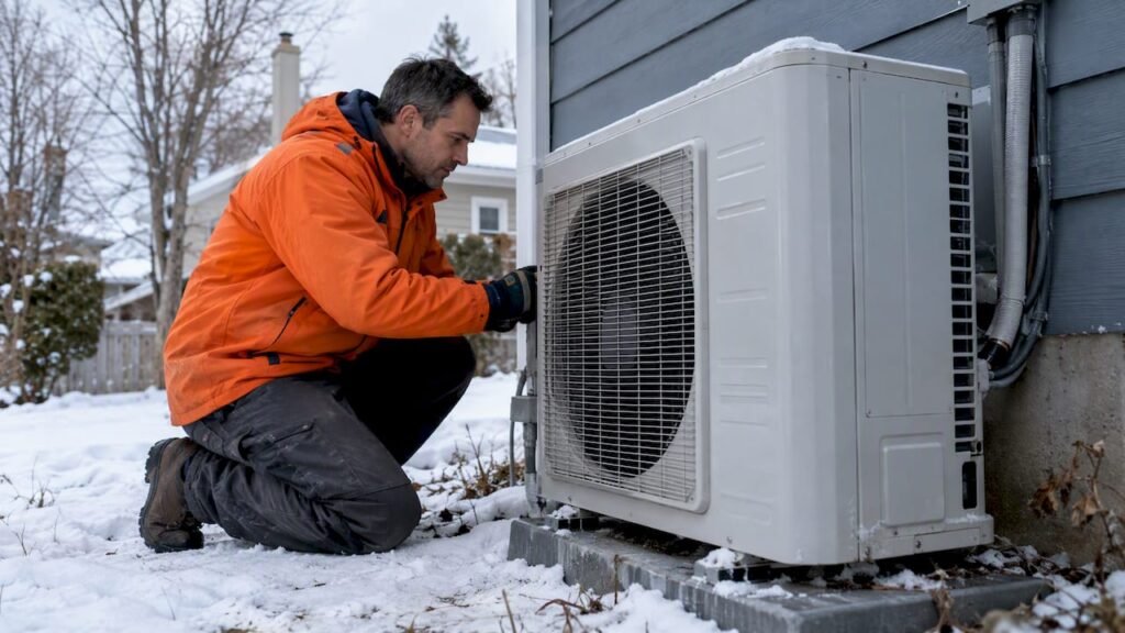 Technician checking an outdoor heat pump in winter