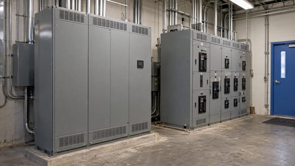 Switchboard and switchgear lineups side by side