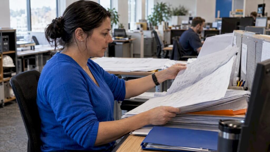 Document controller checking an issued construction drawing