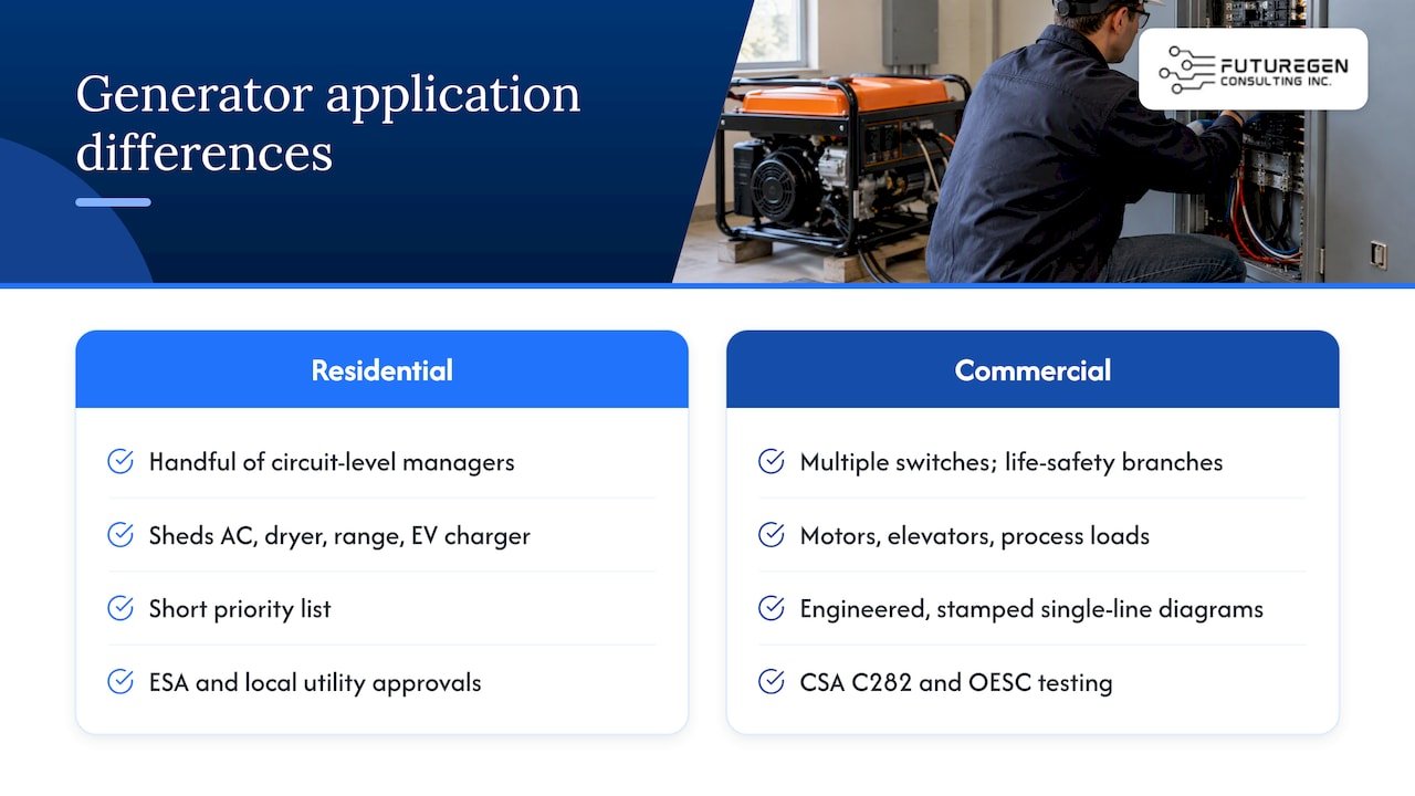 Considerations for load shedding in commercial vs residential generator applications — overview diagram