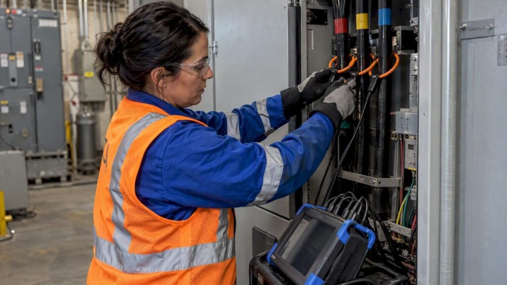 Technician measuring harmonics at a drive feeder